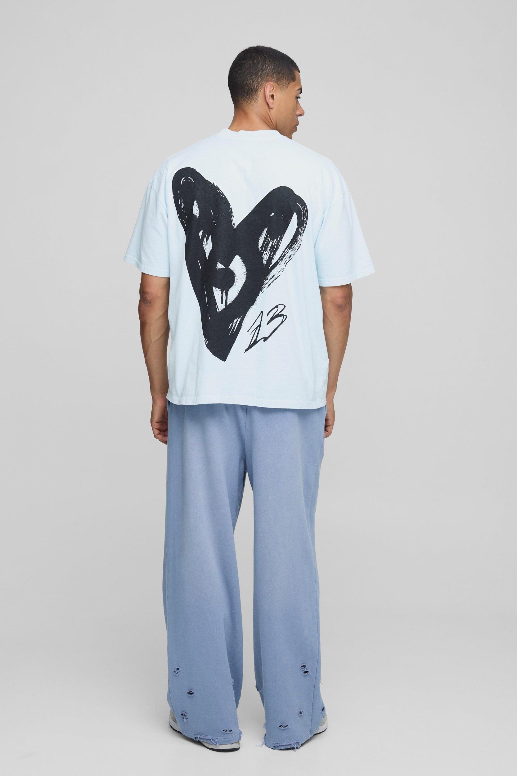 Light Blue Oversized Extended Neck Graffiti Heart Washed Printed T-Shirt | boohooMAN USA Product Image