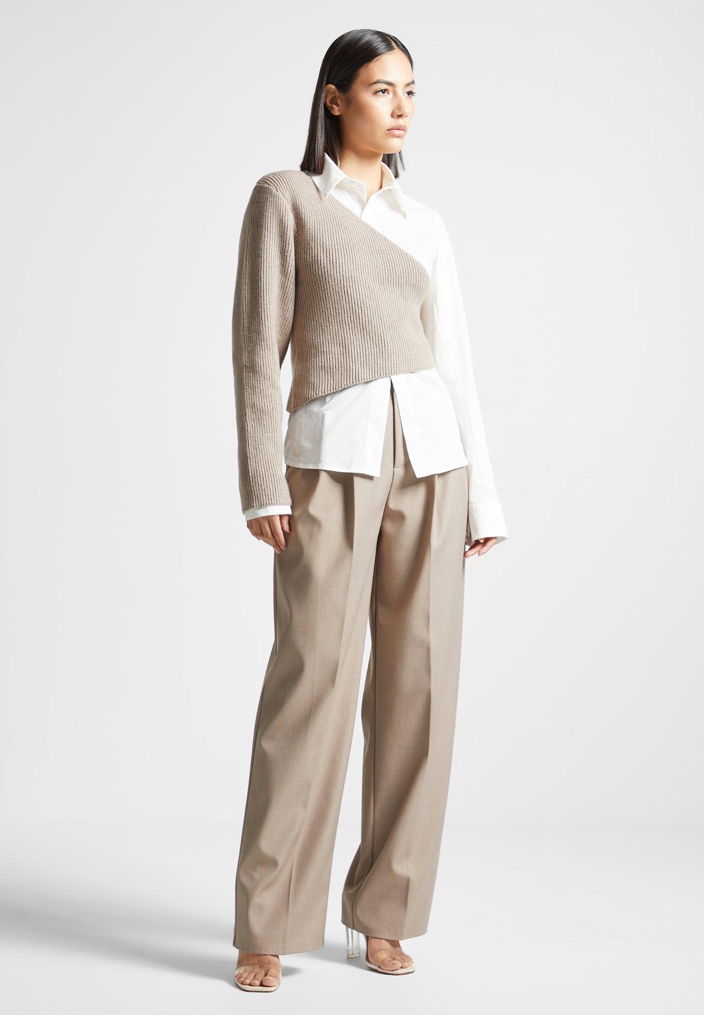 Asymmetric Knitted Overlay Shirt - White/Beige Female Product Image