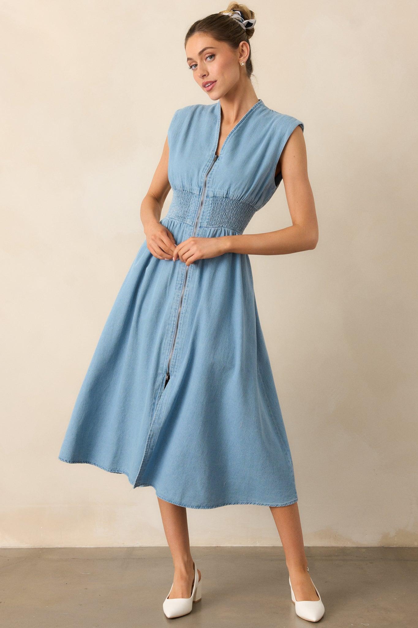 The Evette Light Wash Denim Zip Front Midi Dress Product Image