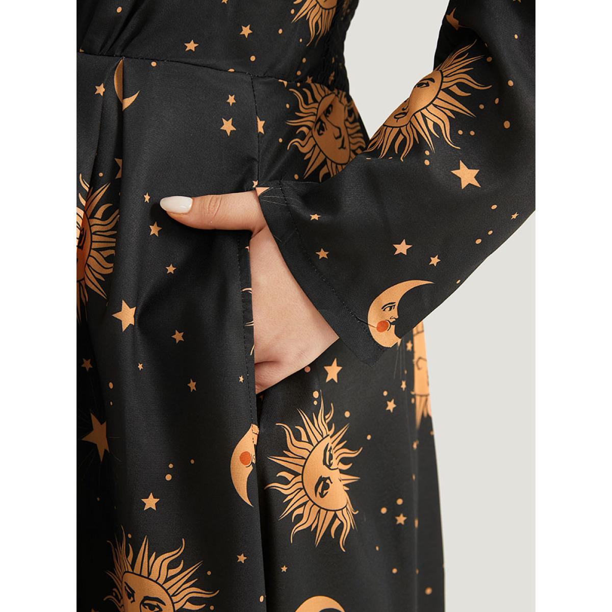 Plus Size Halloween Moon & Star Cold Shoulder Pocket Elastic Waist Dress Black Women Casual Adjustable Straps Spaghetti Strap Long Sleeve Curvy Midi Dress BloomChic 12/L Product Image
