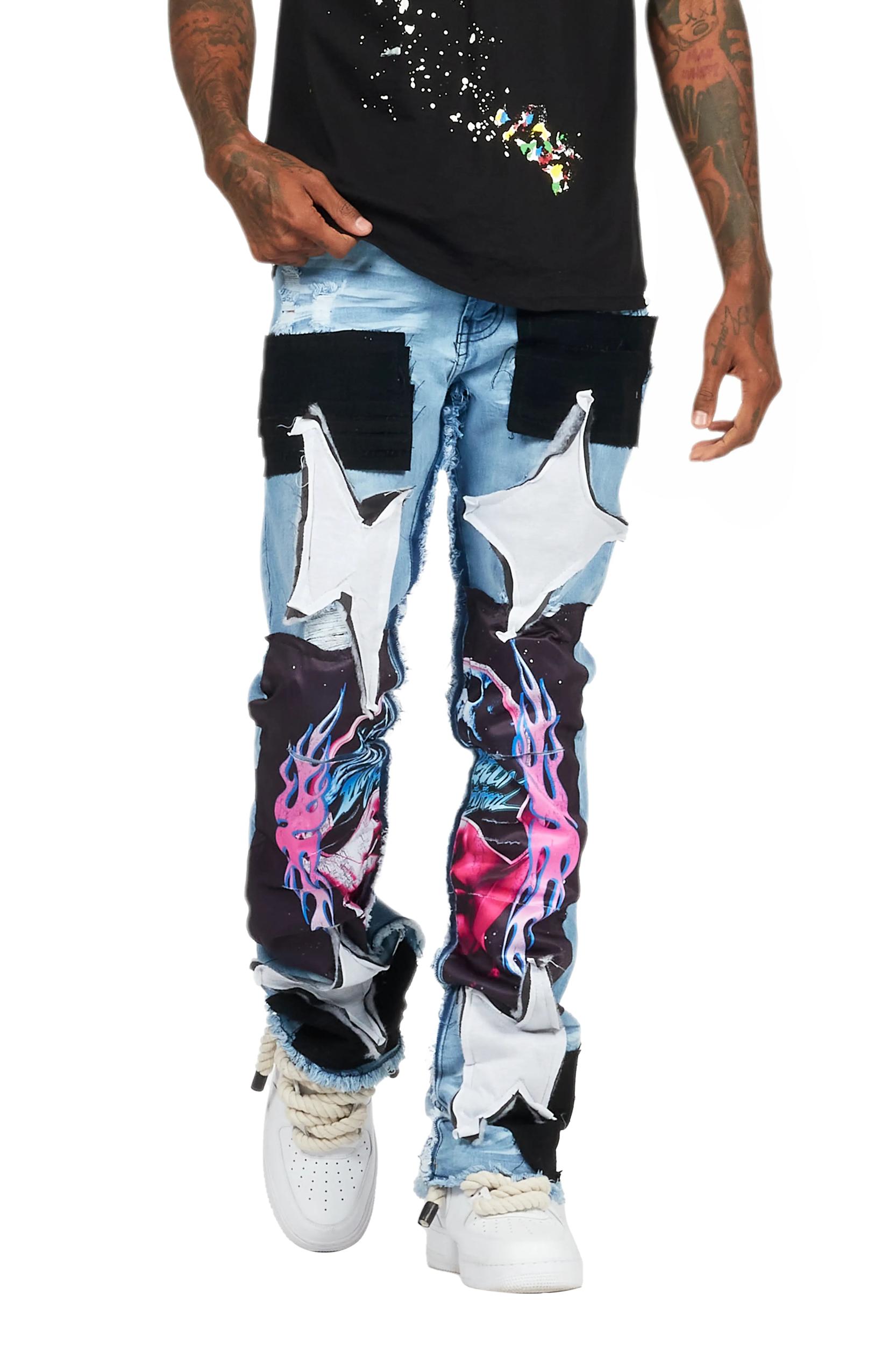 Helios Blue Patchwork Stacked Flare Jean Male Product Image