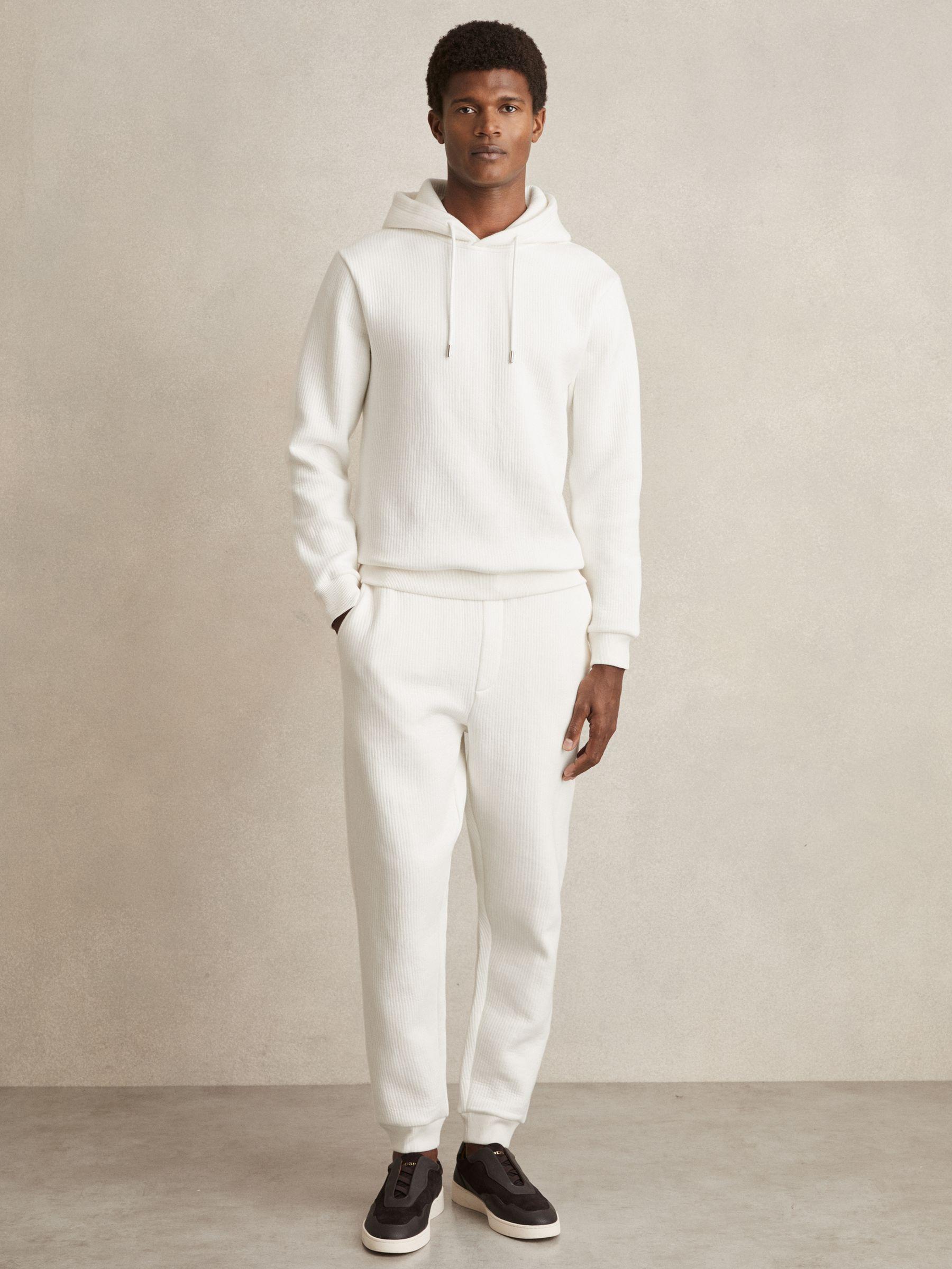Cotton-Blend Rib-Knit Hoodie in White Product Image