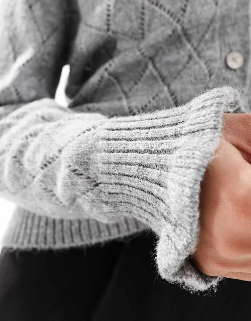 JDY diamond knit cardigan with lettuce sleeve in gray melange Product Image