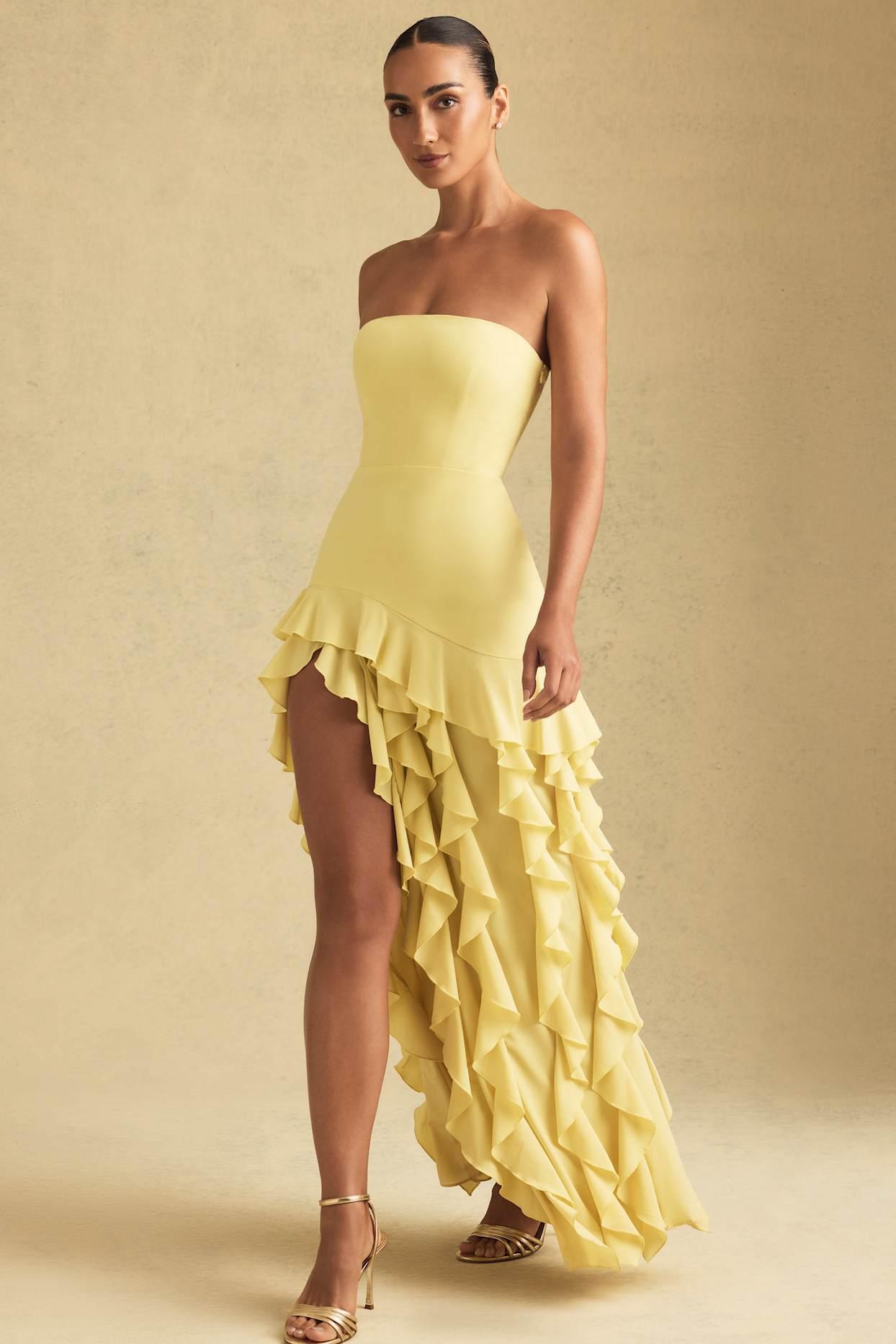 Ruffle-Trim Strapless Gown in Pastel Yellow Product Image