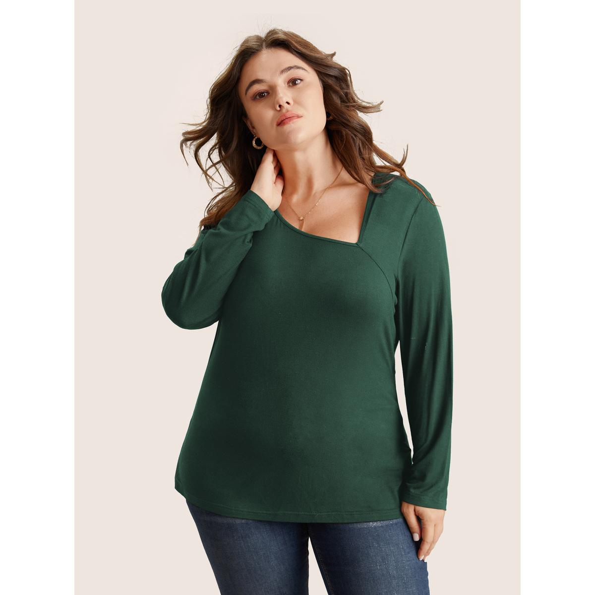 Plus Size Solid Asymmetrical Neck Knit T-shirt DarkGreen Women Elegant Non Plain Everyday T-shirts BloomChic 28/5X Product Image