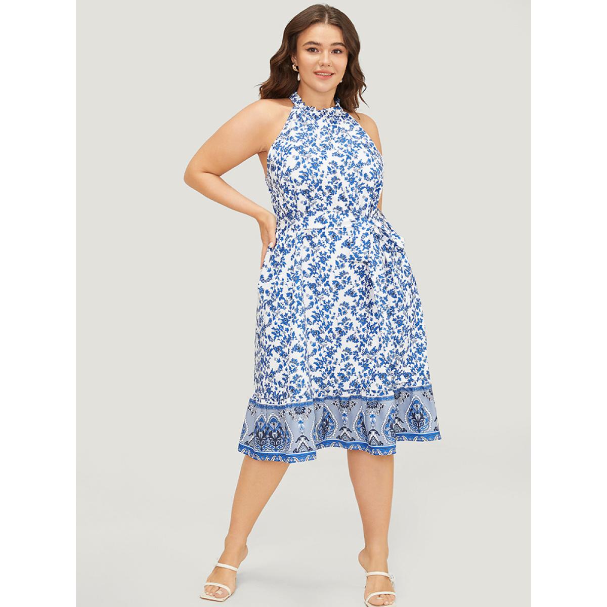Plus Size Bandana Print Halter Ruffle Hem Pocket Belt Paisley Dress Indigo Women Vacation Belted Halter neck Sleeveless Curvy Knee Dress BloomChic 28/5X Product Image