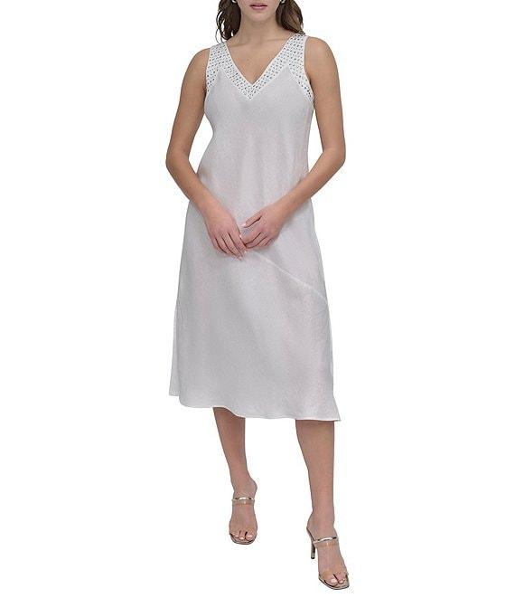 DKNY by Donna Karan Linen Studded V-Neck Sleeveless Midi Dress Product Image