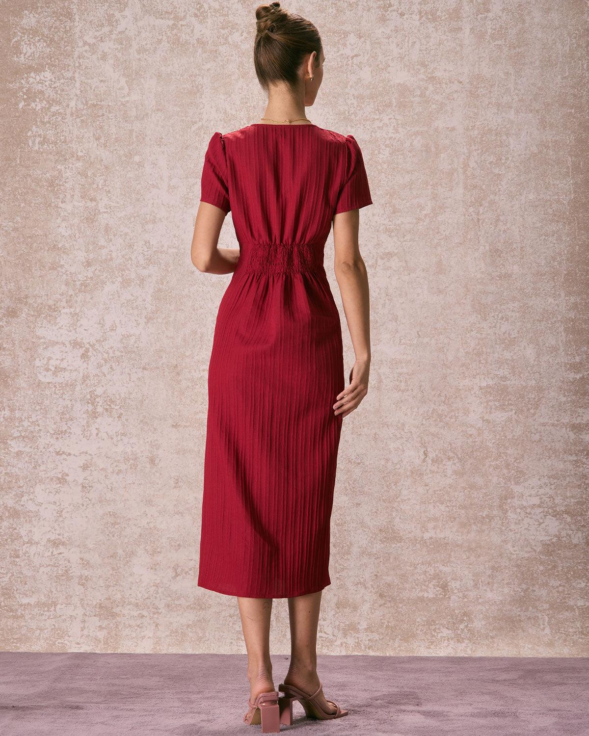 The Red V Neck Shirred Puff Sleeve Midi Dress Product Image