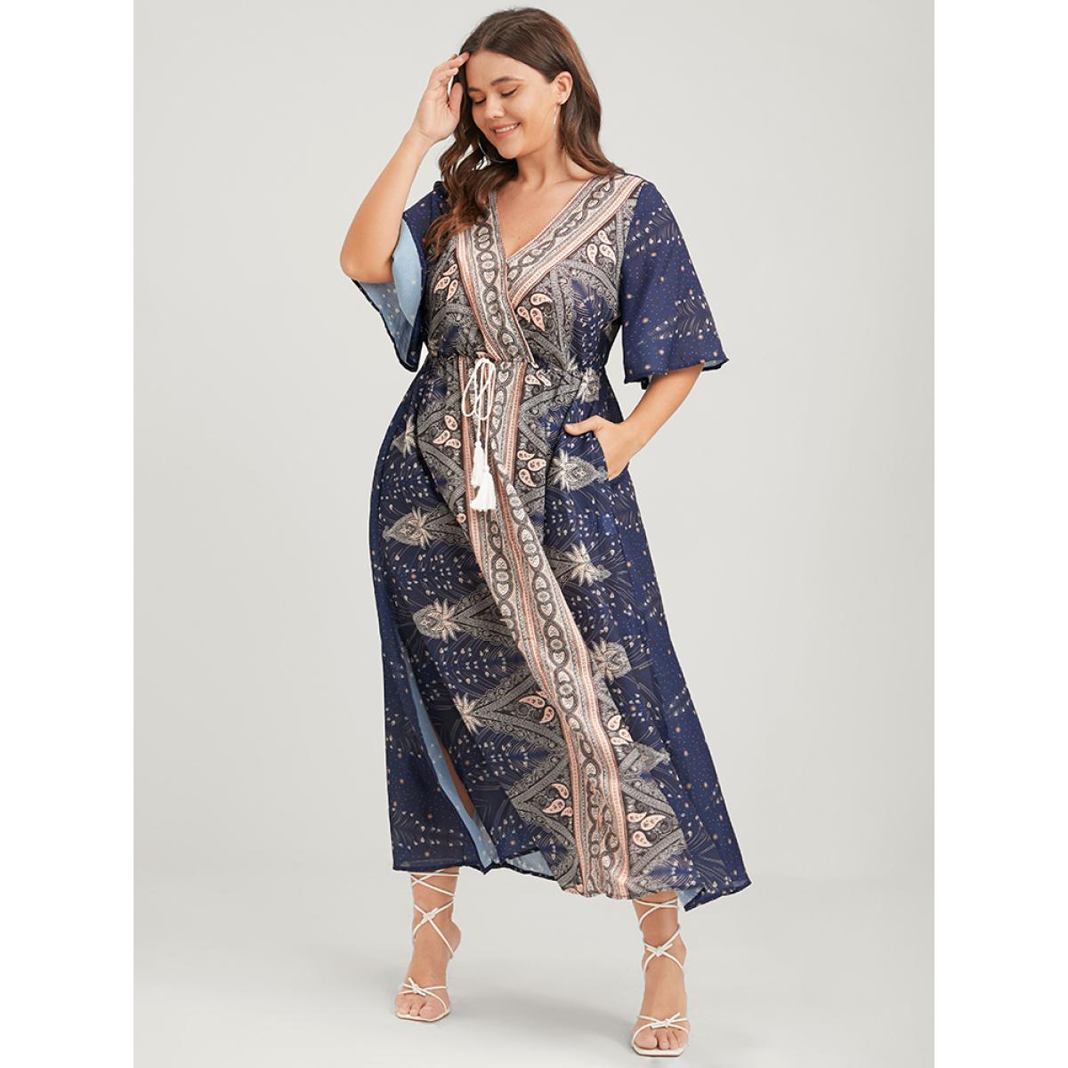 Plus Size Bandana Ruffles Button Split Pocket Ties Wrap Maxi Dress DarkBlue Women Vacation Printed V-neck Half Sleeve Curvy Long Dress BloomChic 14-16/1X Product Image