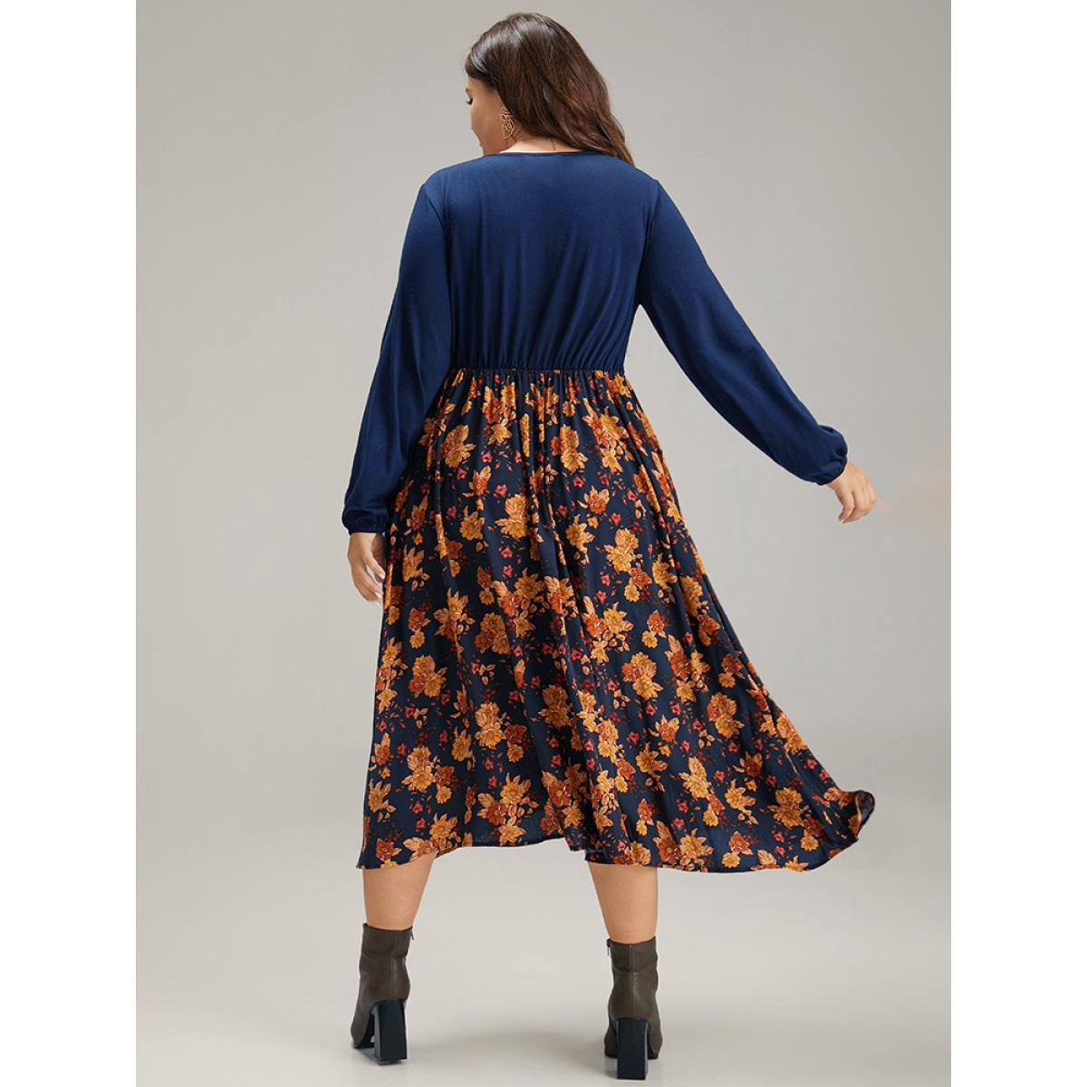 Plus Size Supersoft Essentials Floral Patchwork Twist Front Dress DarkBlue Women Elegant Elastic cuffs V-neck Long Sleeve Curvy Midi Dress BloomChic 12/L Product Image