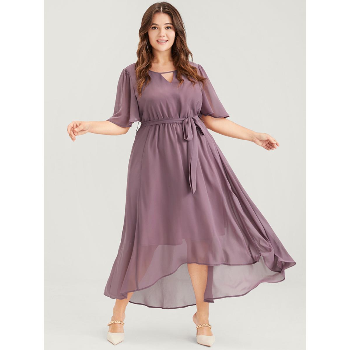 Plus Size Solid Keyhole Neck Ruffle Asymmetrical Hem Belted Maxi Dress Rouge Women Casual Elastic Waist Round Neck Half Sleeve Curvy Long Dress BloomChic 22-24/3X Product Image