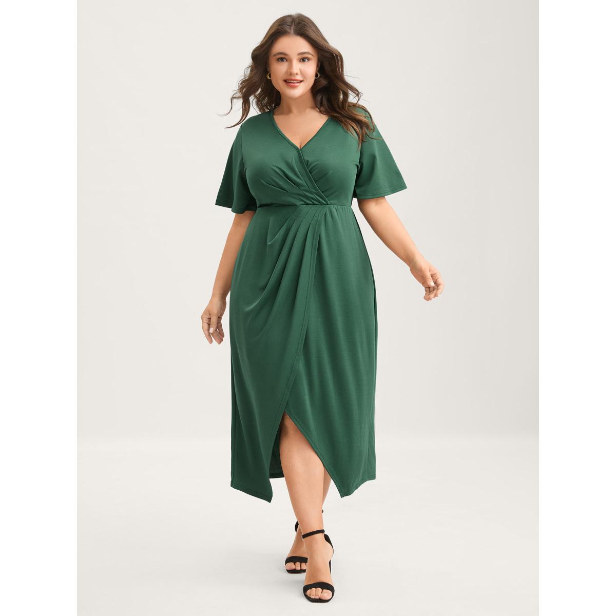 Plus Size Wrap Gathered Solid Surplice Midi Dress DarkGreen Women Overlap Collar Short sleeve Curvy BloomChic 26/4X Product Image