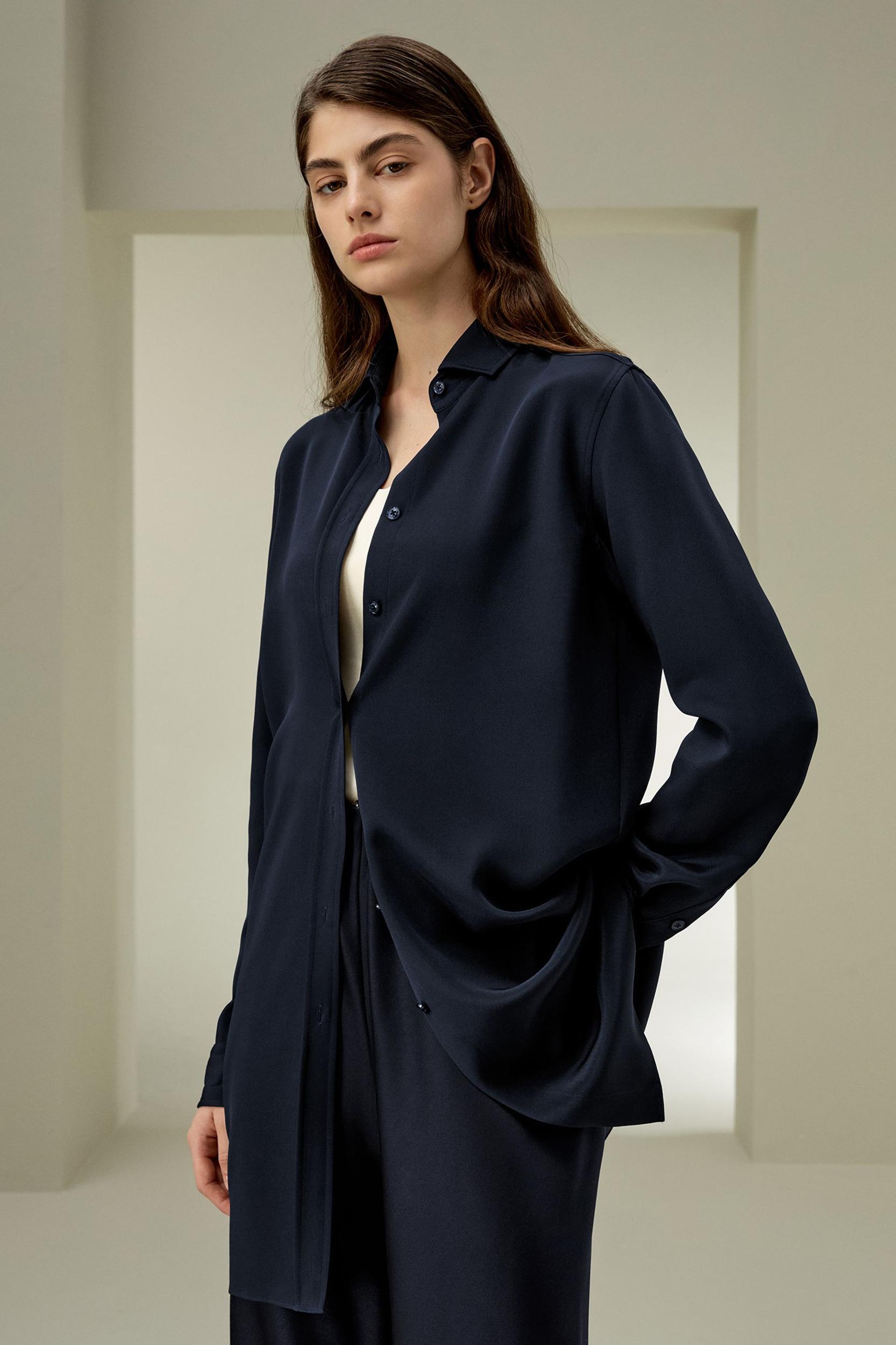 LILYSILK Shirt for Women Silk - Midnight Blue Mulberry Silk - Organic Long Sleeve Tops XS Product Image