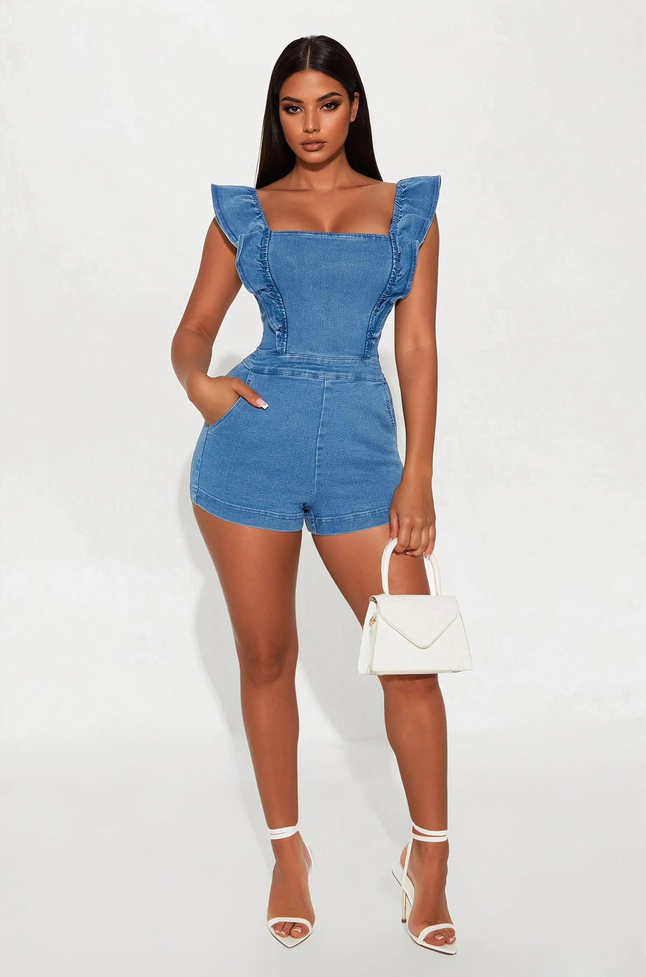 Raquelle Ruffle Denim Romper - Medium Wash Product Image