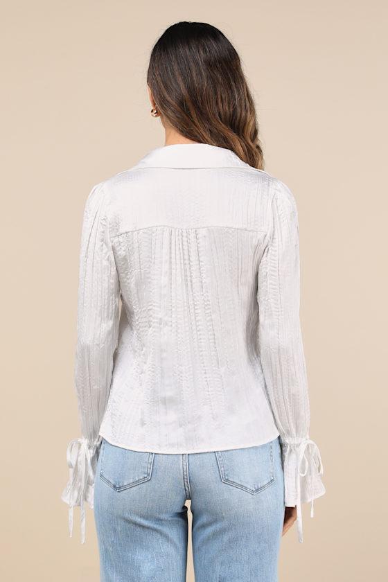 Enhanced Charm Ivory Plisse Crinkled Tie-Cuff Button-Up Top Product Image