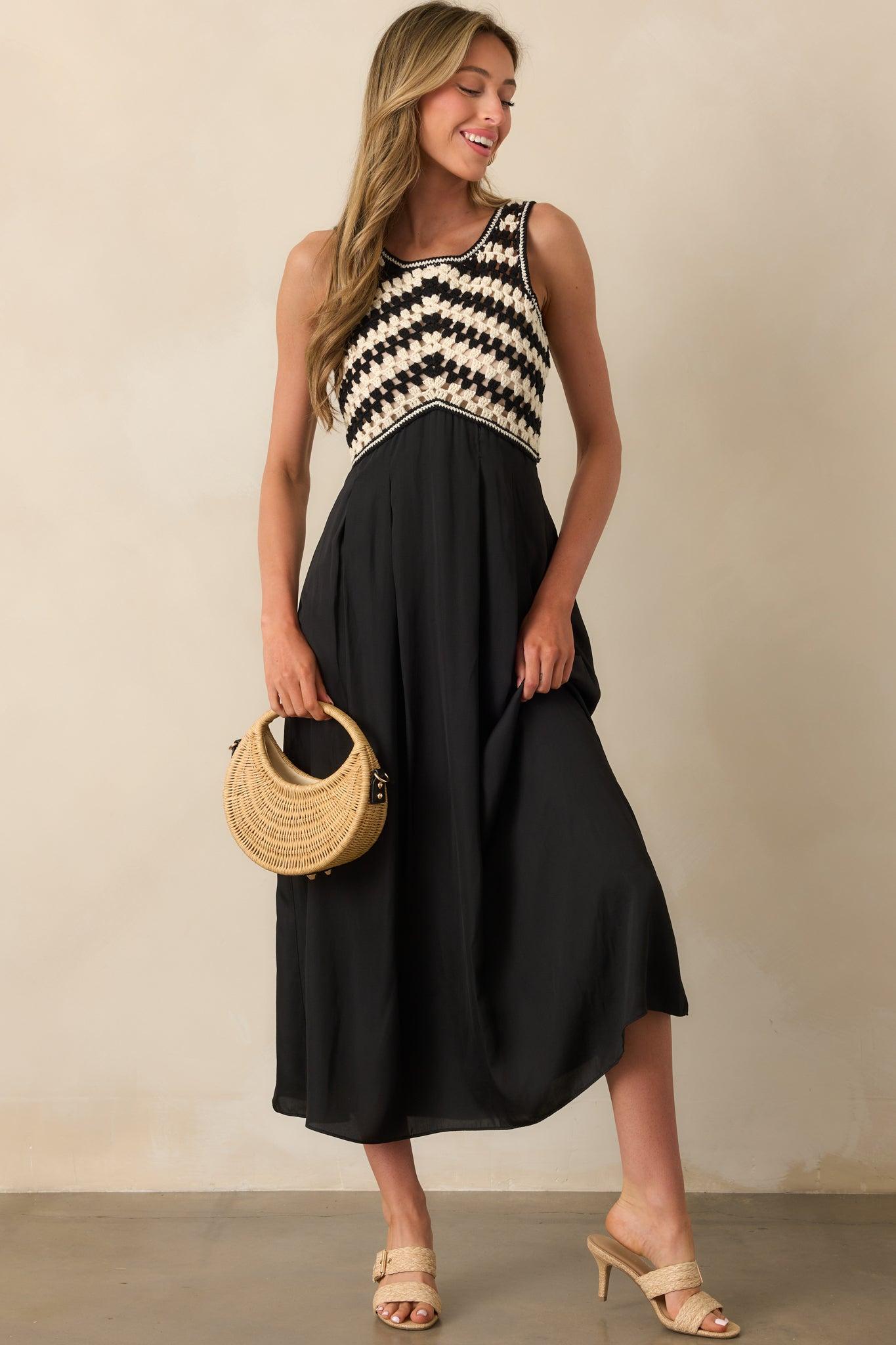At This Point Black Diagonal Stripe Cotton Crochet Maxi Dress Product Image