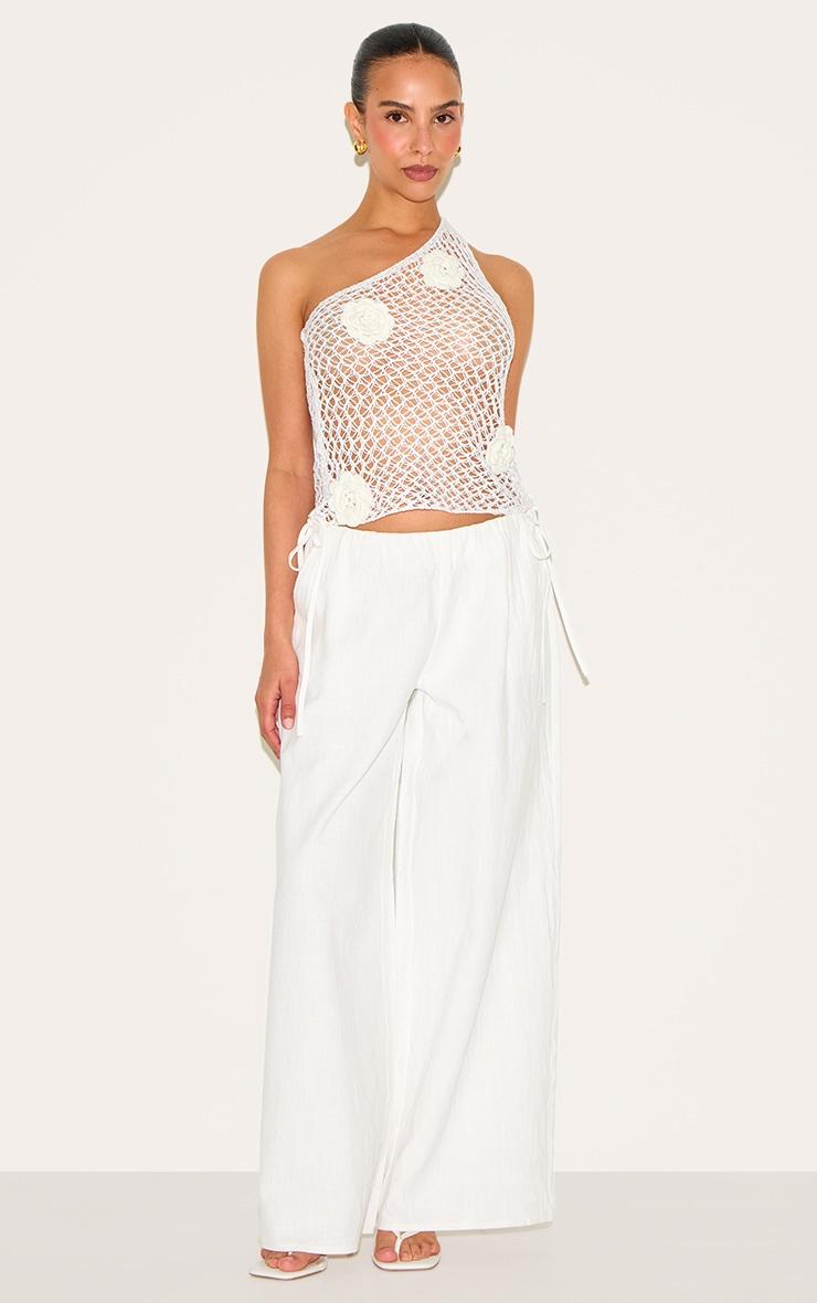 Petite White Premium Linen Look Wide Leg Side Tie Detail Pants Product Image