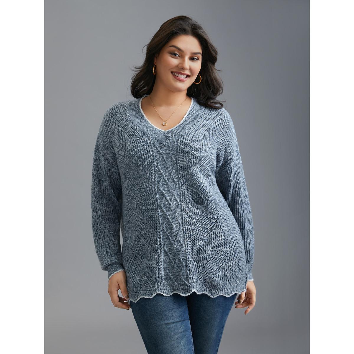Plus Size Plain Textured Contrast Trim Cable Knit Pullover LightBlue Women Casual Loose Long Sleeve V-neck Everyday Pullovers BloomChic 22-24/3X Product Image