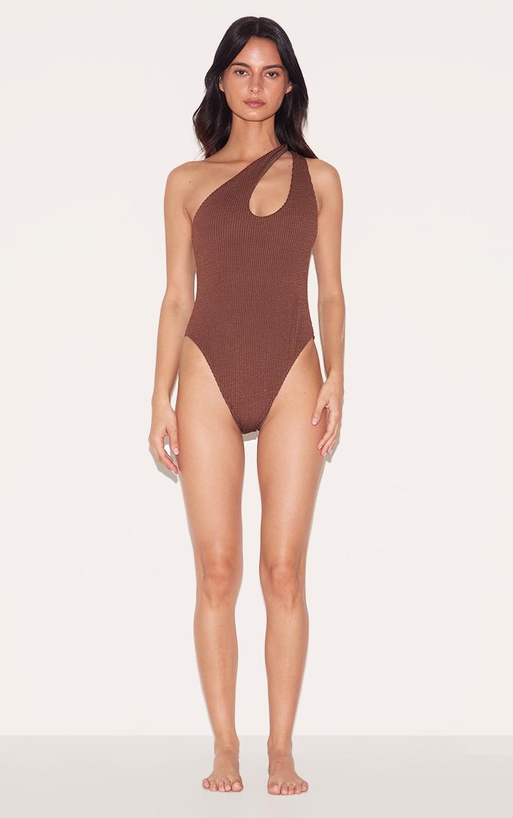 Chocolate Brown Crinkle One Shoulder Cut Out Swimsuit Product Image