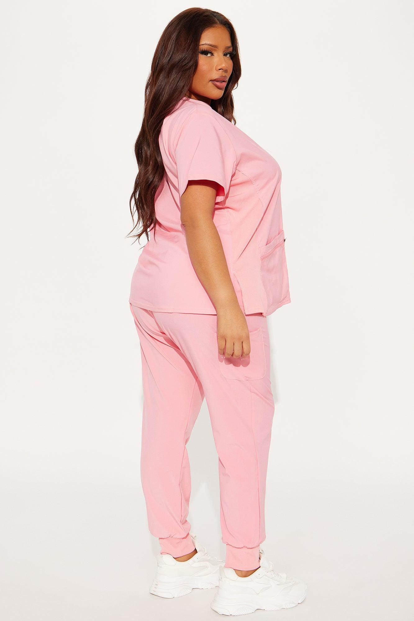 Check Up Side Rib Stretch Uniform Scrub Jogger Set - Peach Female Product Image