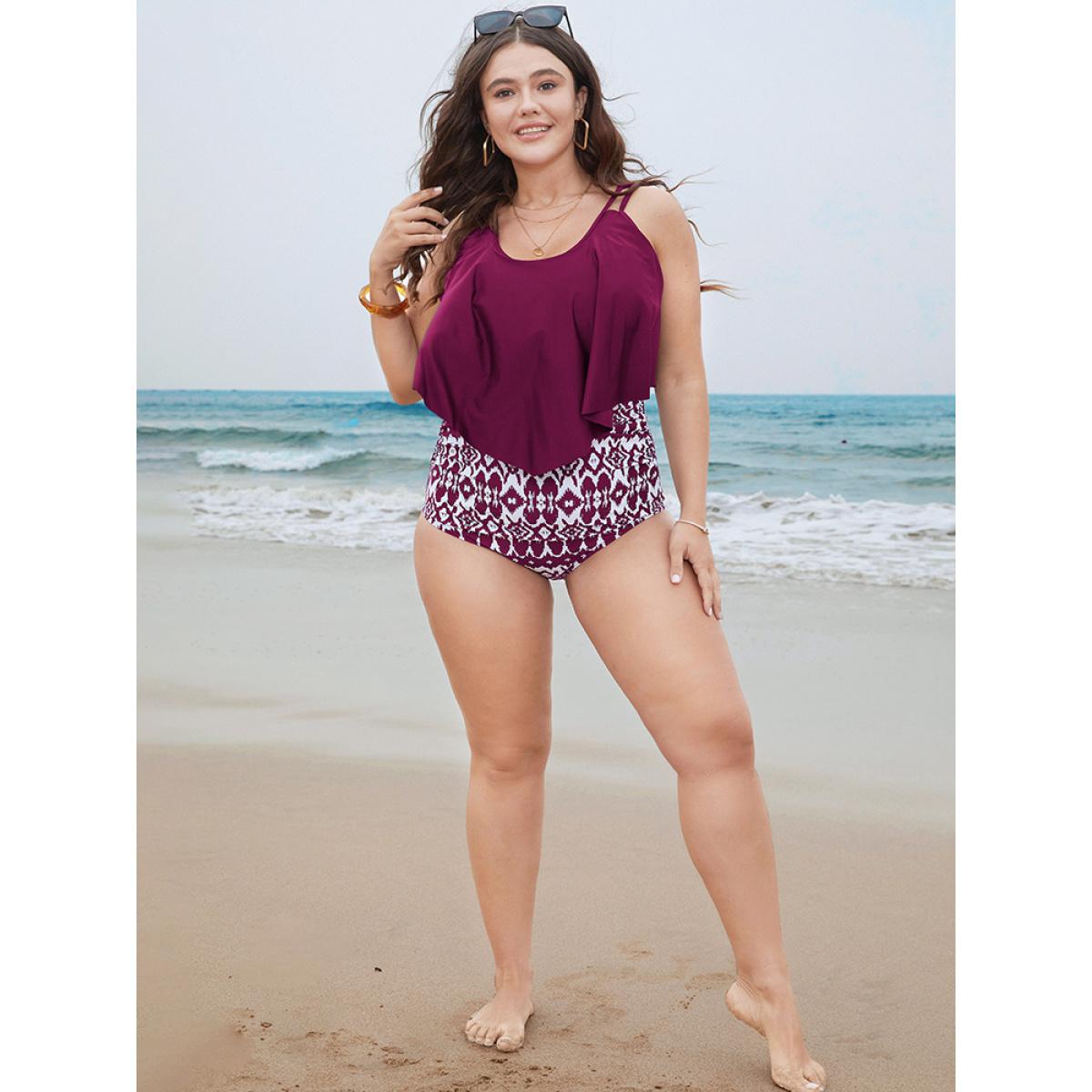 Plus Size Geometric Patchwork Ruffle Trim One Piece Swimsuit Women's Swimwear RedViolet Vacation Adjustable Straps Curve Bathing Suits High stretch One Pieces BloomChic 22-24/3X Product Image