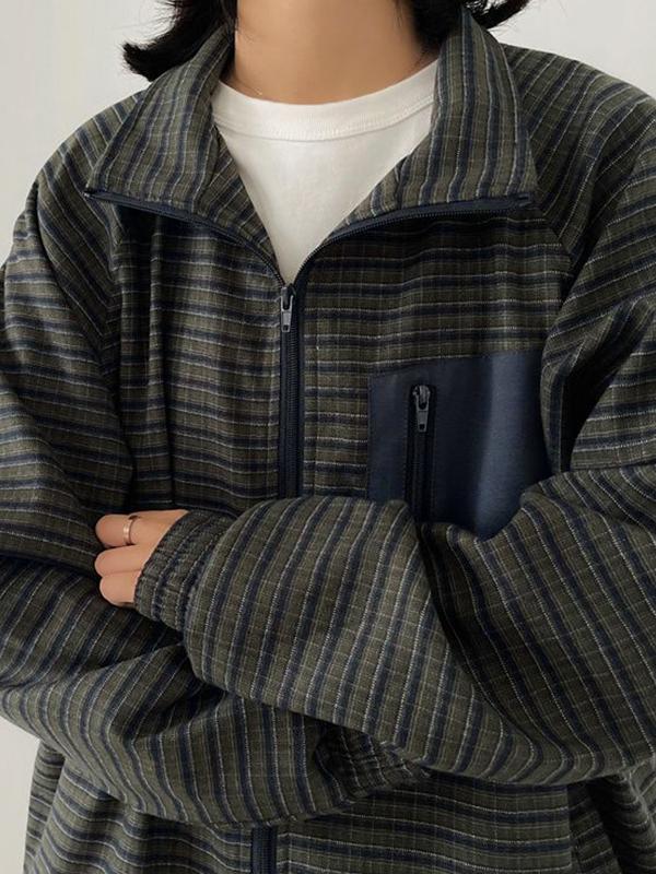 Men's Vintage Plaid Drawstring Hem Zip Up Jacket Product Image