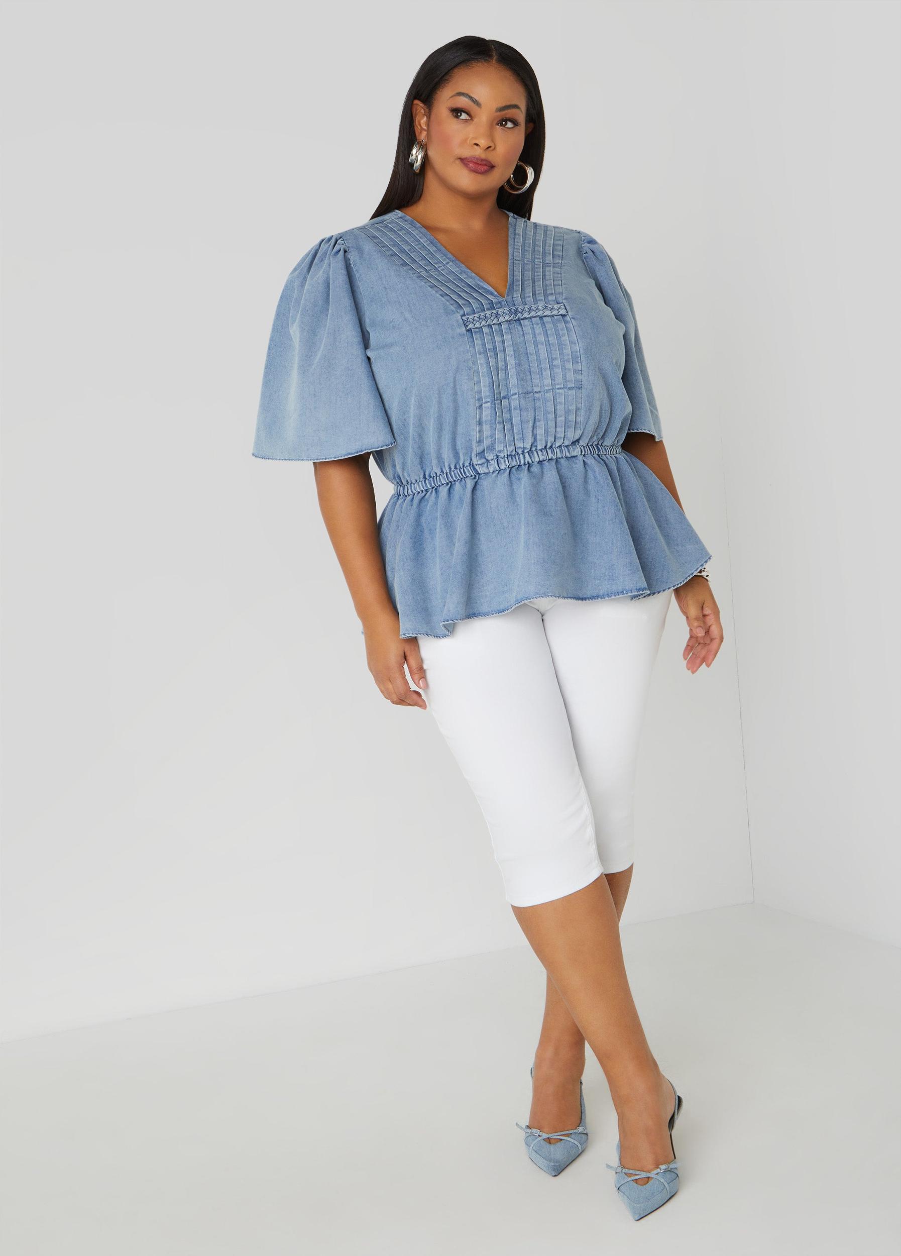 Plus Size Pleated Peplum Denim Top Ashley Stewart Product Image