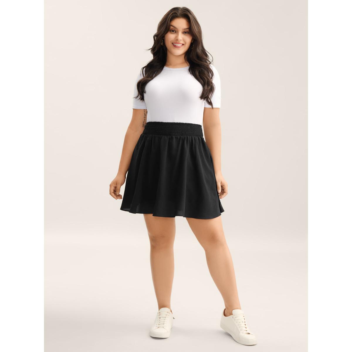 Plus Size Shirred Waist Pockets Flowy Mini Skirt Women Black Leisure No stretch Side seam pocket Casual Skirts BloomChic 12/L Product Image