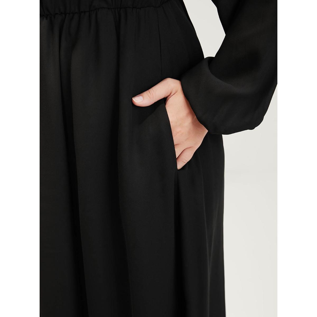 Plus Size Plain Lantern Sleeve Pocket Ruffle Trim V Neck Split Dress Black Women Elegant Elastic Waist V-neck Long Sleeve Curvy Midi Dress BloomChic 22-24/3X Product Image