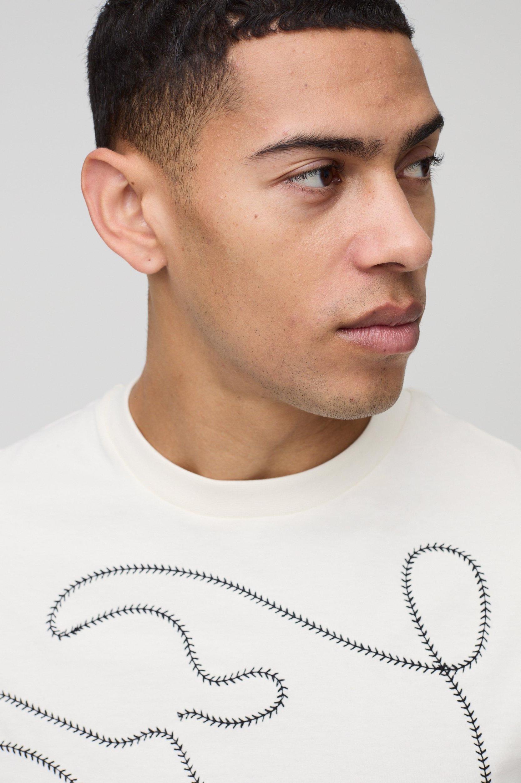 Regular Fit Line Drawing Embroidered Stitch T-Shirt | boohooMAN USA Product Image