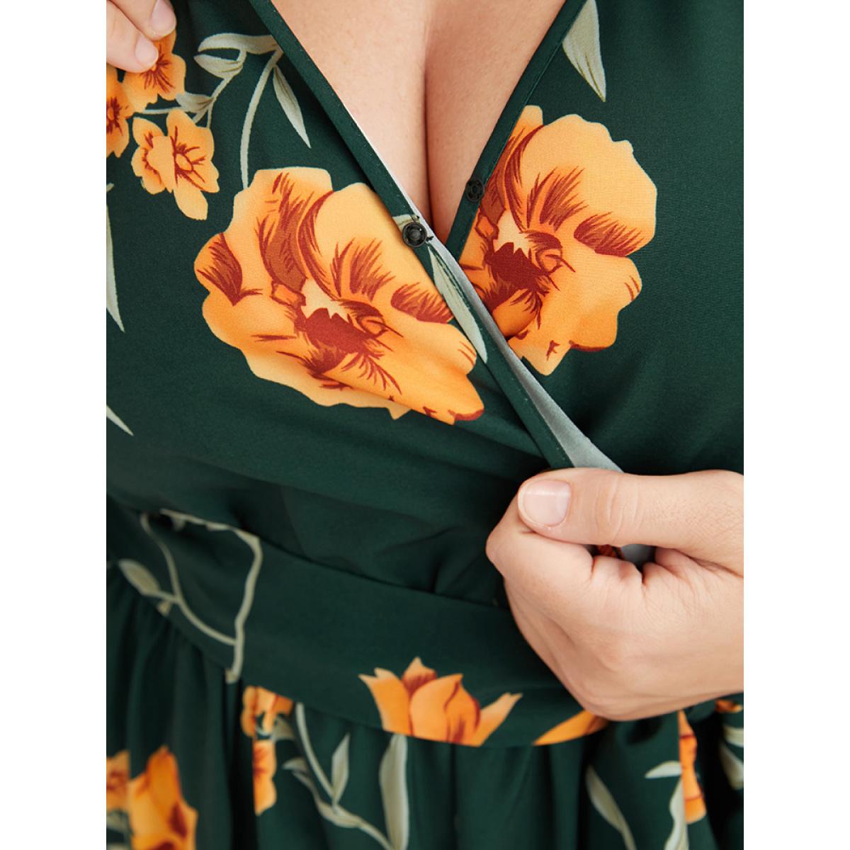 Plus Size Floral Pocket Lantern Sleeve Flutter Split Hem Ties Wrap Dress DarkGreen Women Elegant Cross straps V-neck Long Sleeve Curvy Midi Dress BloomChic 22-24/3X Product Image