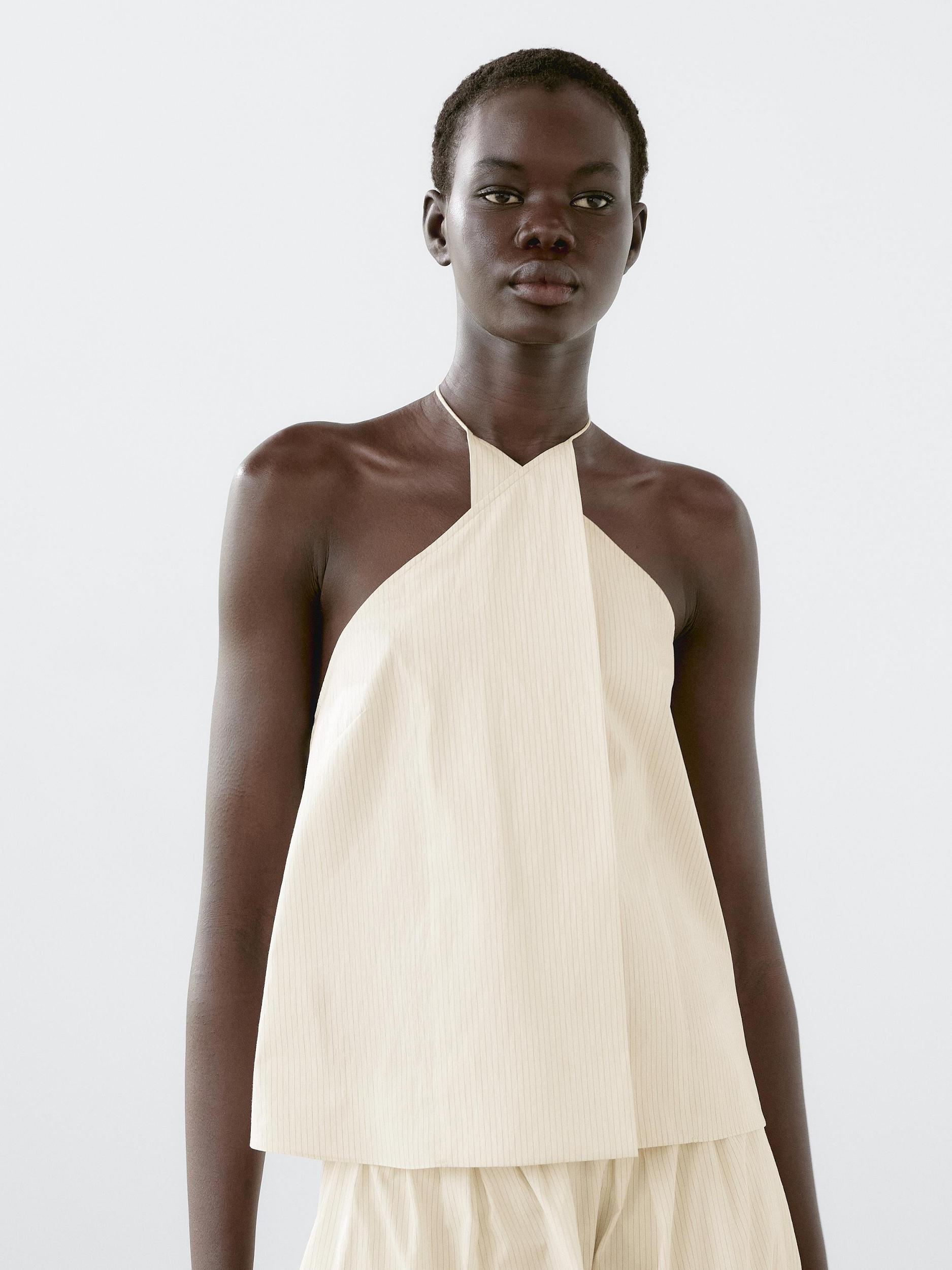 Striped cotton blend halter top Product Image