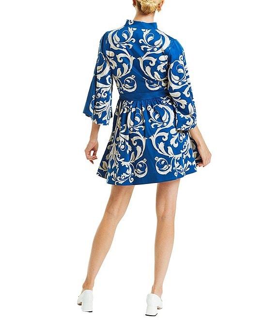 Mestiza New York Carmen Sateen Scroll Print Mandarin Collar 3/4 Full Sleeve Mini A-Line Dress Product Image