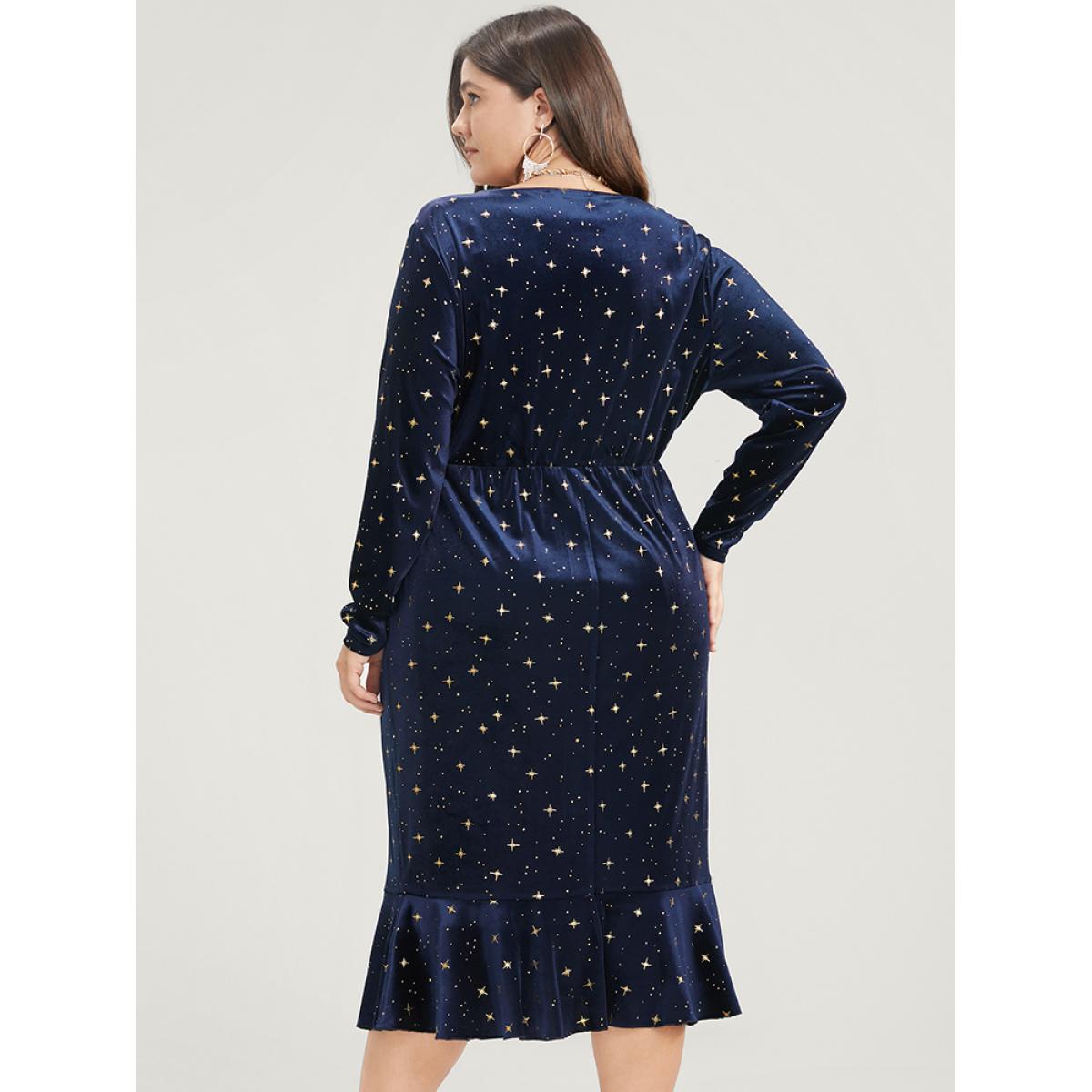 Plus Size Star Print Wrap Ruffle Trim Velvet Midi Dress Indigo Women Party Ruffles V-neck Long Sleeve Curvy Midi Dress BloomChic 18-20/2X Product Image