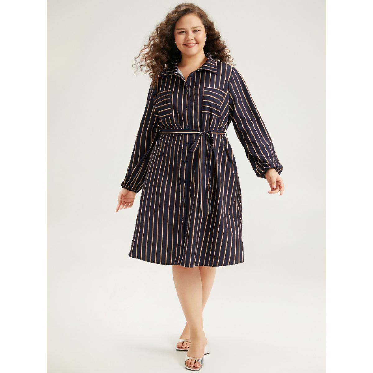 Plus Size Striped Belted Lantern Sleeve Button Through Dress Indigo Women At the Office Belted Shirt collar Long Sleeve Curvy Midi Dress BloomChic 18-20/2X Product Image