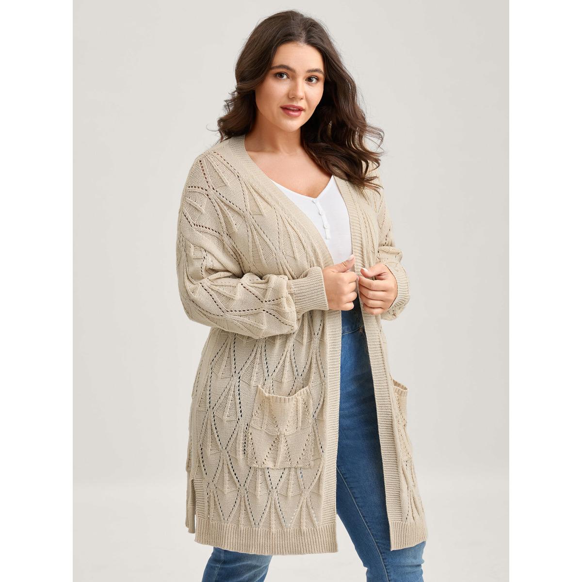 Plus Size Textured Cut-Out Slit Pockets Knit Cardigan Apricot Women Leisure Loose Long Sleeve Casual Cardigans BloomChic 14-16/1X Product Image