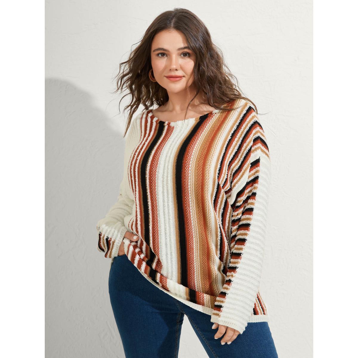 Plus Size Earthy Stripes Drop Shoulder Lightweight Pullover Ivory Women Boho Loose Long Sleeve Boat Neck Vacation Pullovers BloomChic 10/M Product Image