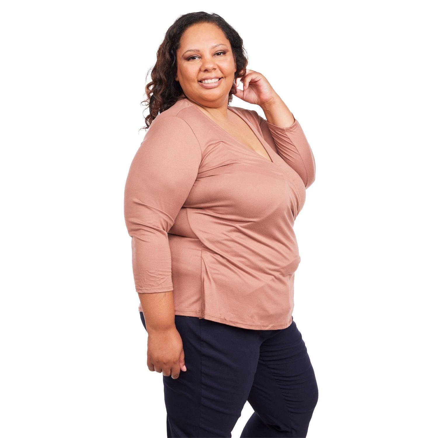 Inner Beauty Plus Solid 3/4 Sleeve Surplice Front V-Neck Top Product Image