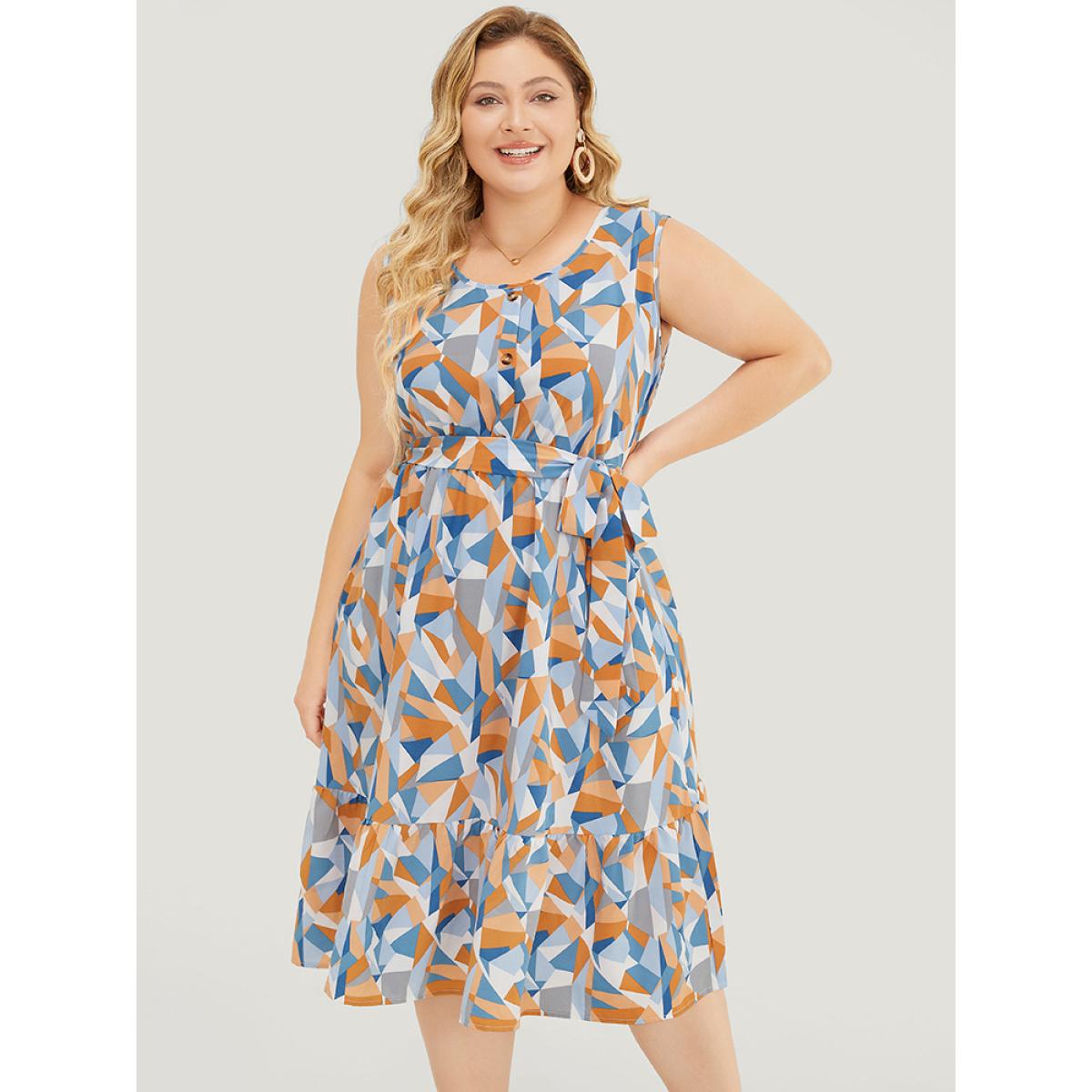 Plus Size Geometric Belt Ruffle Hem Pocket Button Detail Tank Dress Multicolor Women Elegant Contrast Round Neck Sleeveless Curvy Knee Dress BloomChic 26/4X Product Image