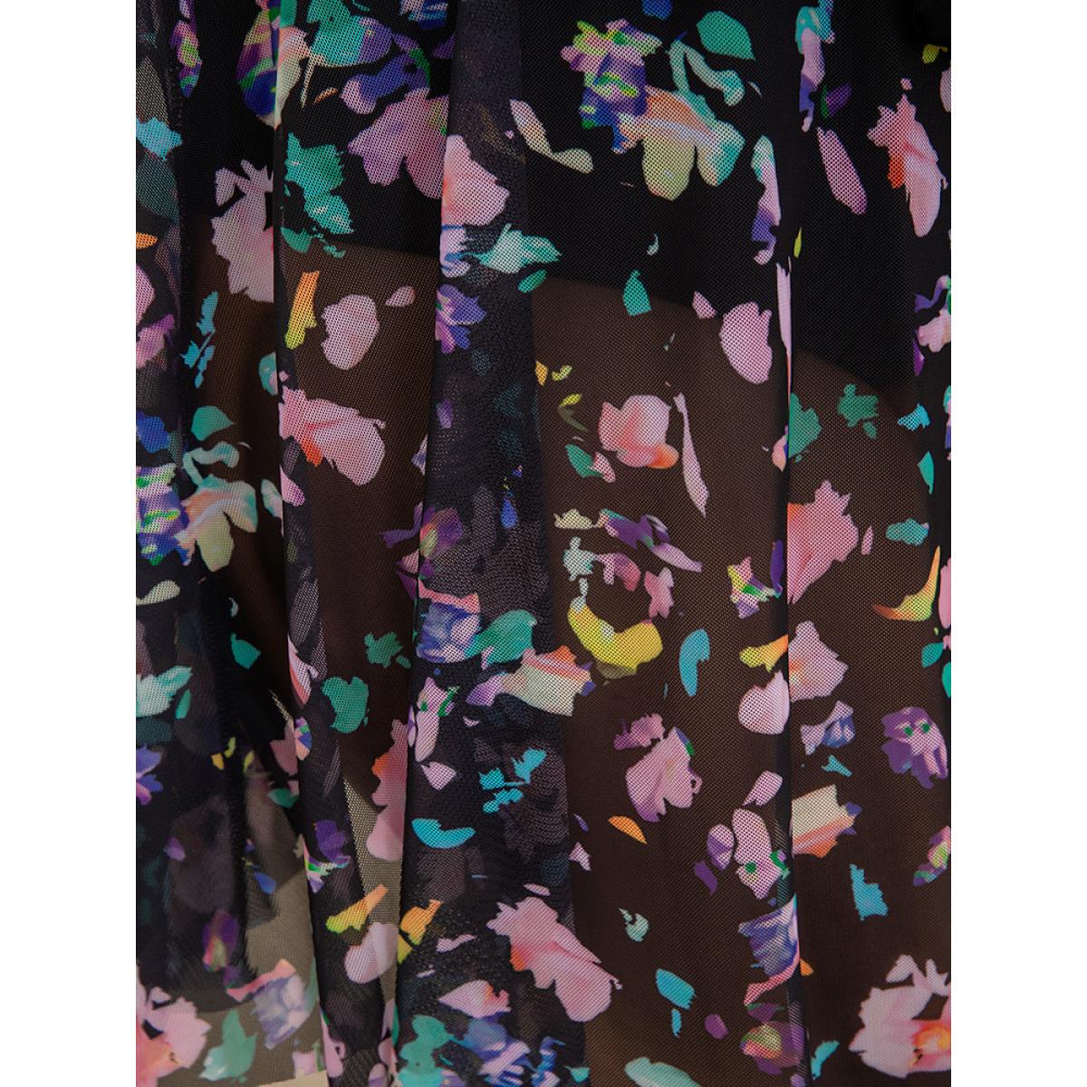 Plus Size Floral Mesh Ruffle Hem Crossover Knot Swim Dress Women's Swimwear BlackFlower Vacation Bodycon Spaghetti Strap High stretch Curve Swim Dresses BloomChic 14-16/1X Product Image