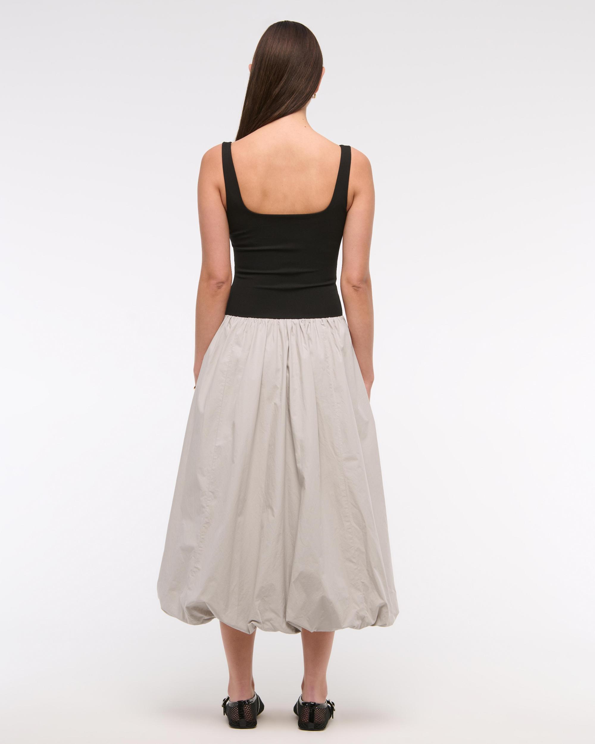 Mixed Fabric Bubble Hem Midi Dress Product Image