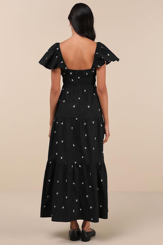 Definite Sweetness Black Embroidered Tiered Midi Dress Product Image