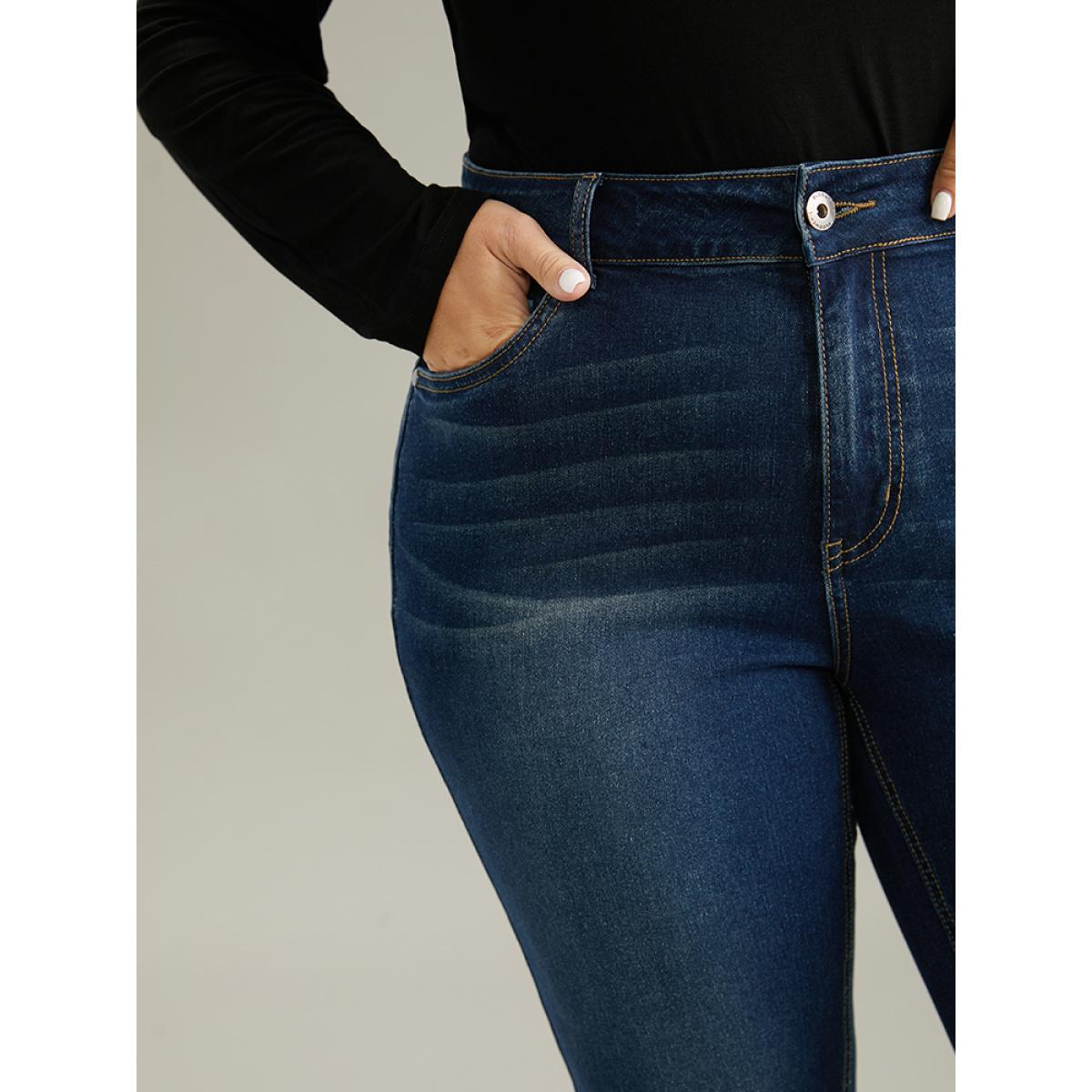 Plus Size Dark Wash Button Up Straight Leg Jeans Women DarkBlue Casual Plain Plain High stretch Pocket Jeans BloomChic 16/1X Product Image