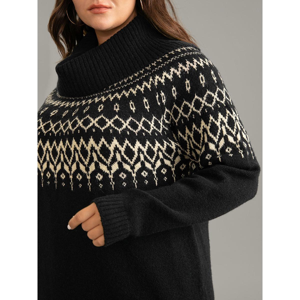 Plus Size Bandana Print Turtle Neck Elastic Cuffs Pullover Black Women Casual Loose Long Sleeve Turtleneck Dailywear Pullovers BloomChic 10/M Product Image