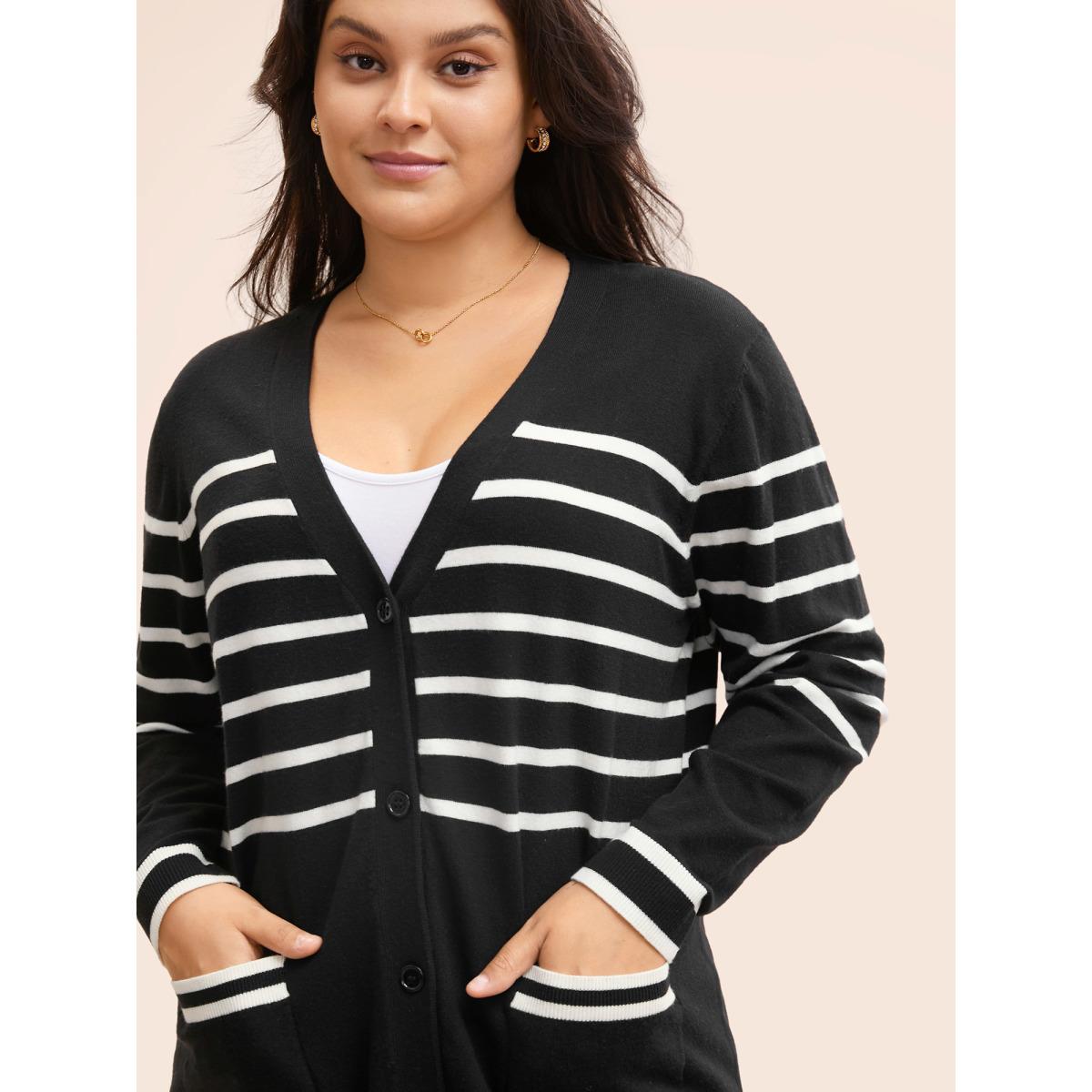 Plus Size Striped V Neck Button Up Pocket Cardigan Black Women Casual Loose Long Sleeve Everyday Cardigans BloomChic 22-24/3X Product Image