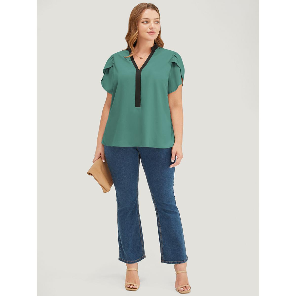 Plus Size Teal Plain Contrast Trim Split Petal Sleeve Blouse Women Office Short sleeve Stand-up collar Dailywear Blouses BloomChic 30/6X Product Image