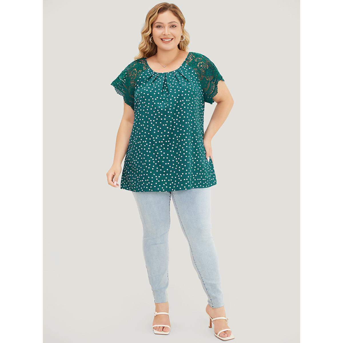 Plus Size Emerald Polka Dot Pleated Detail Lace Raglan Sleeve Blouse Women Elegant Short sleeve Round Neck Dailywear Blouses BloomChic 10/M Product Image