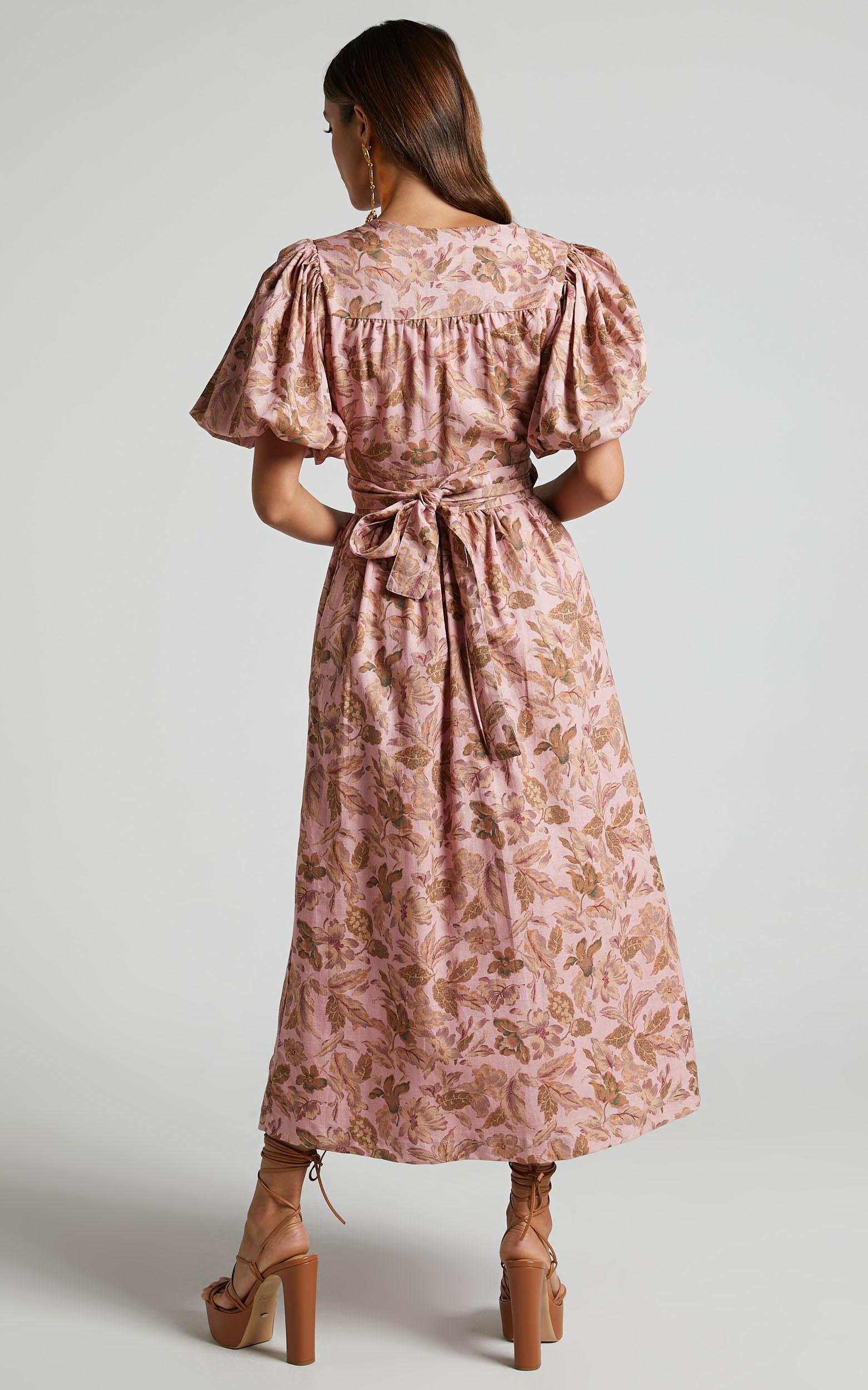 Amalie The Label - Franc Linen Puff Sleeve Wrap Midi Linen Dress in Vahala Print Product Image