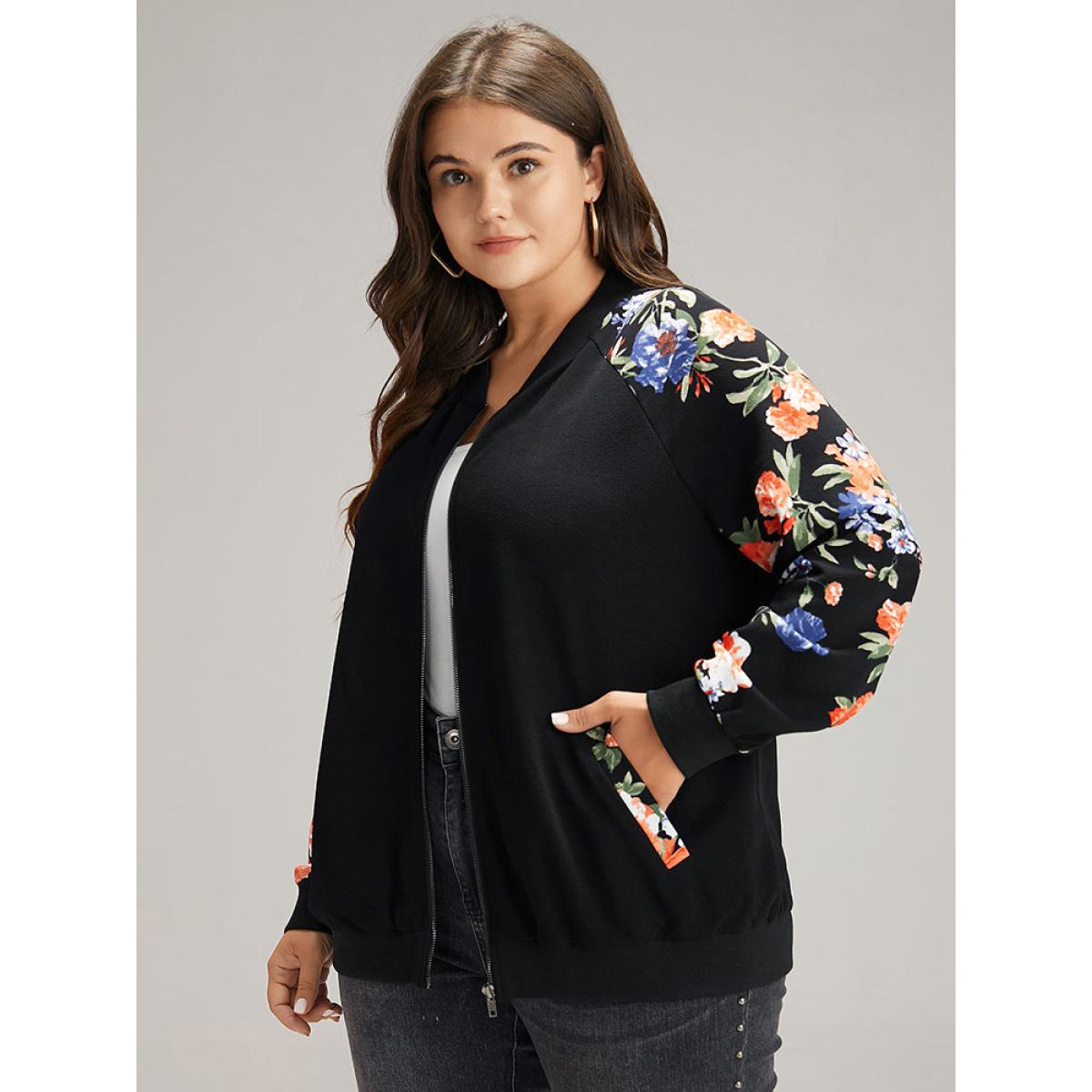 Plus Size Floral Patchwork Zipper Pocket Bomber Jacket Women Black Elastic cuffs Pocket Everyday Jackets BloomChic 28/5X Product Image