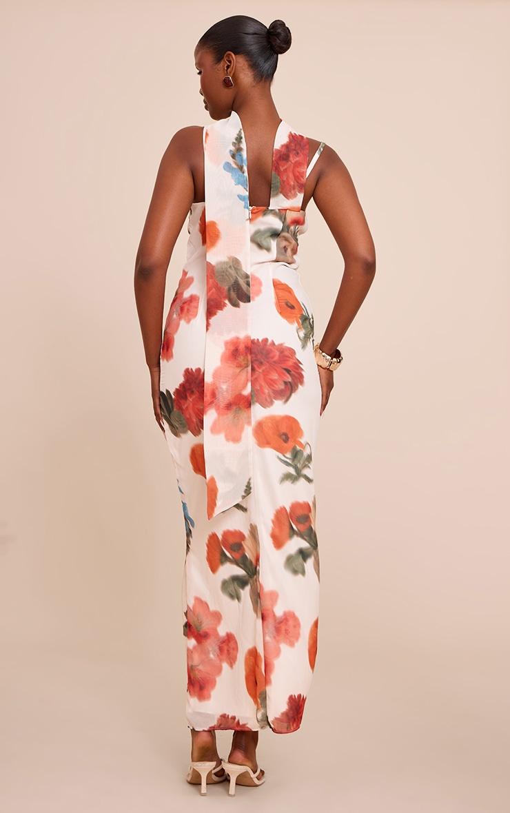 White Floral Print Chiffon Scarf Maxi Dress Product Image
